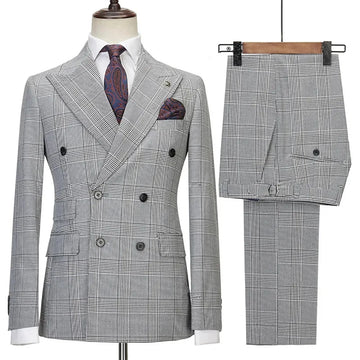 Aidase Gray Check Mens Wedding Tuxedos Double Breasted Slim Fit  Pants Suits Formal Party  Groom Wear 2 Pieces aidase-shop